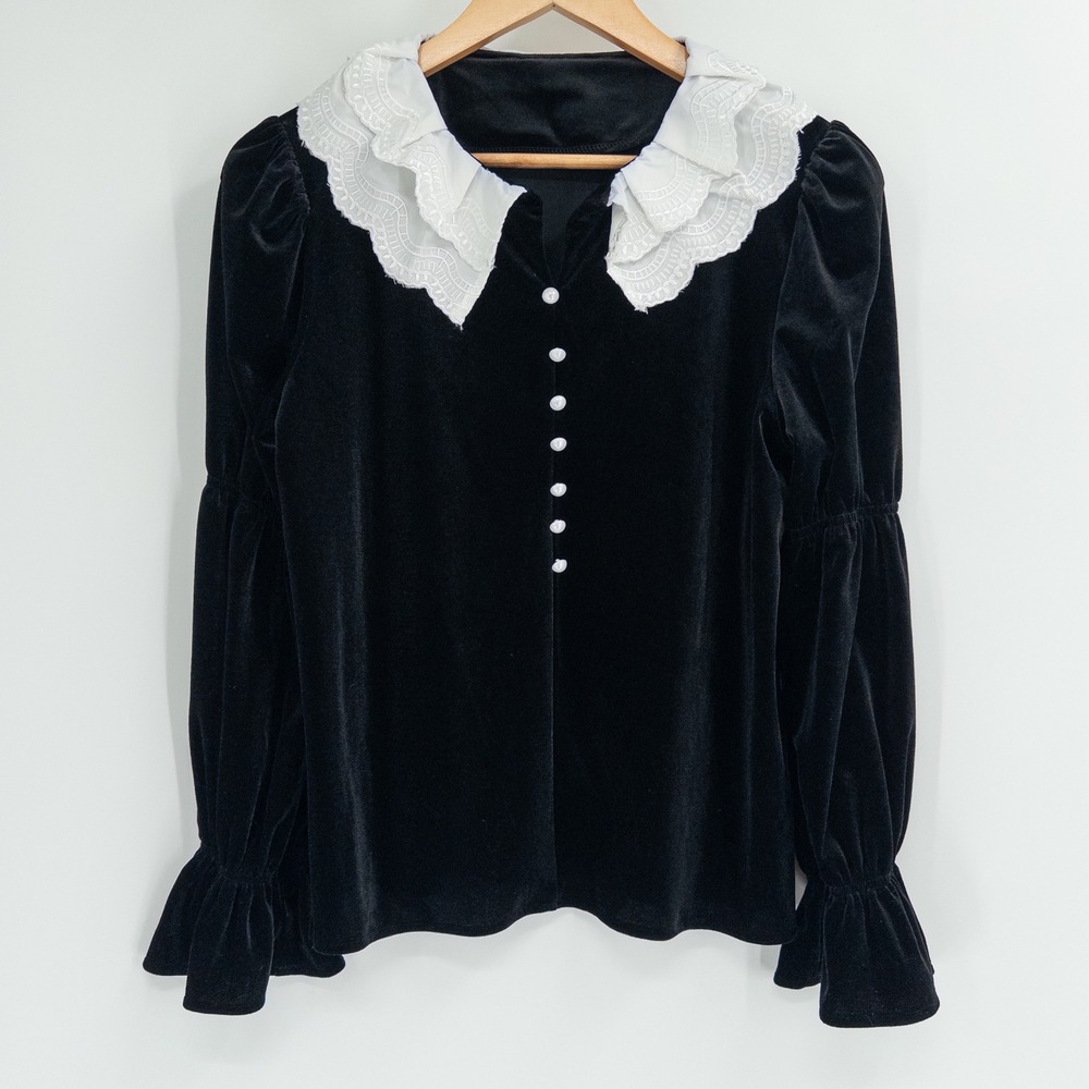 Vintage Velvet Blouse Women Small Black Romantic Goth Whimsigoth Wednesday Lace